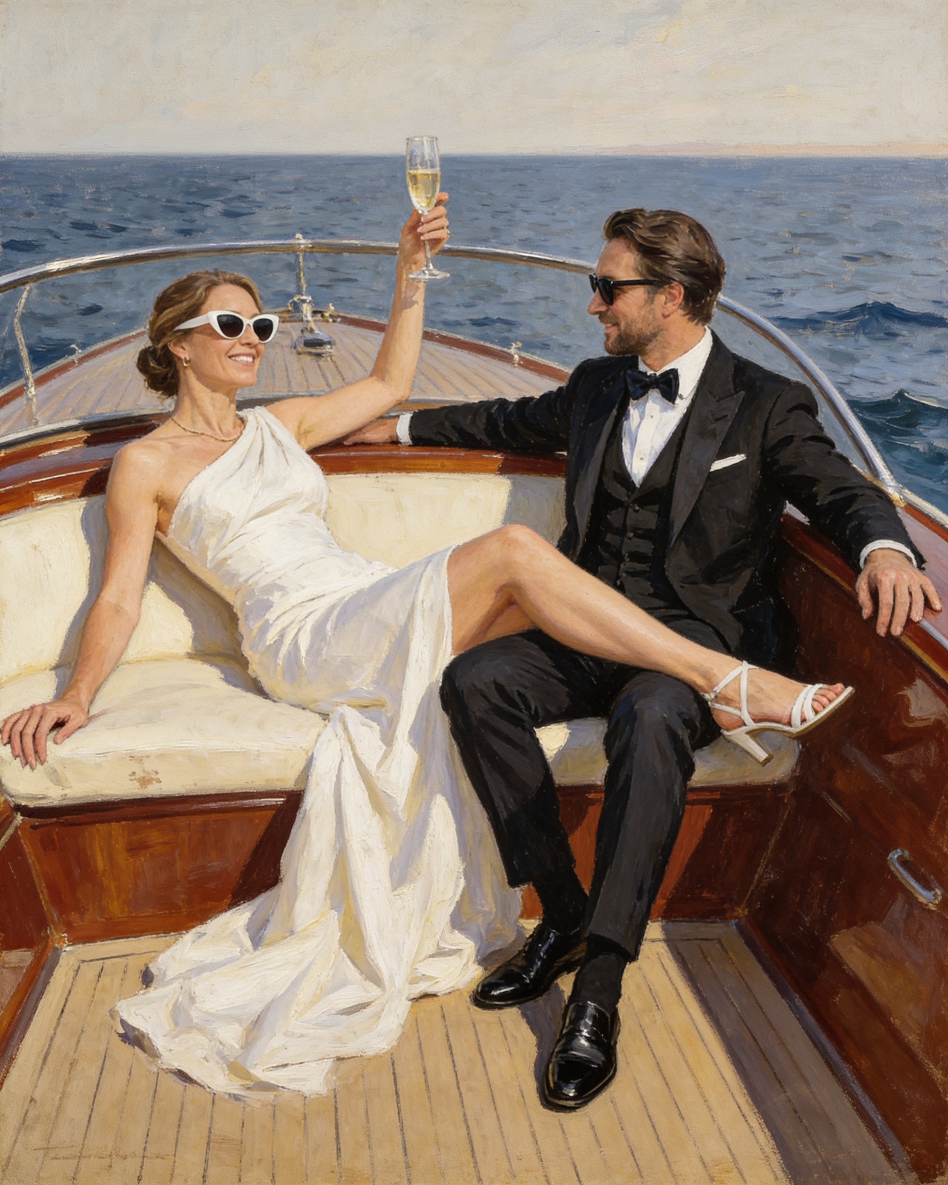 Current Mahogany Waves catalogue example: a woman in a one-shoulder ivory gown and white sunglasses raises a champagne flute on the cream lounge of a mahogany yacht, beside a man in a black tuxedo and bow tie, with open sea behind them.