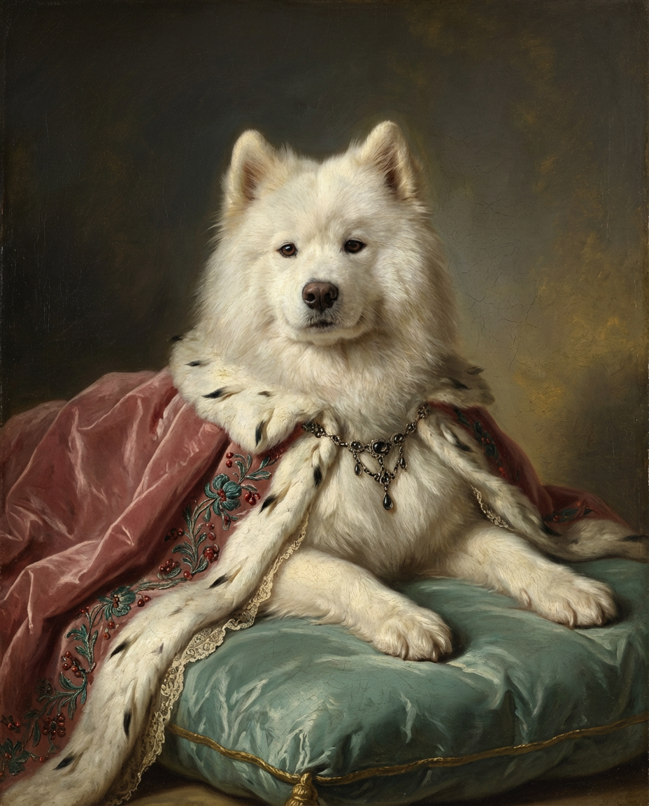 Fable Rococo style example: a white dog in a rose cape on a blue-green cushion against a muted background.