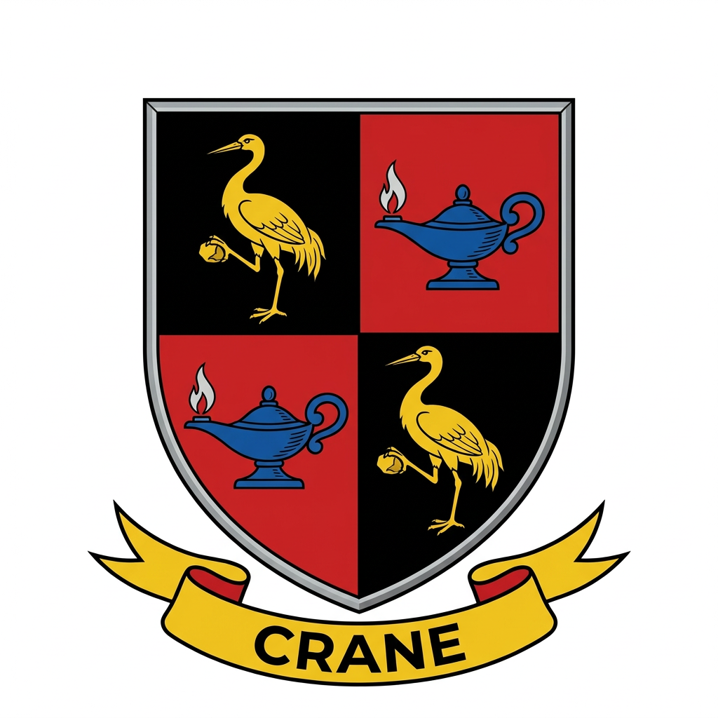 The Crane shield: black and red quarters with gold cranes holding stones and blue oil lamps, over a gold scroll.