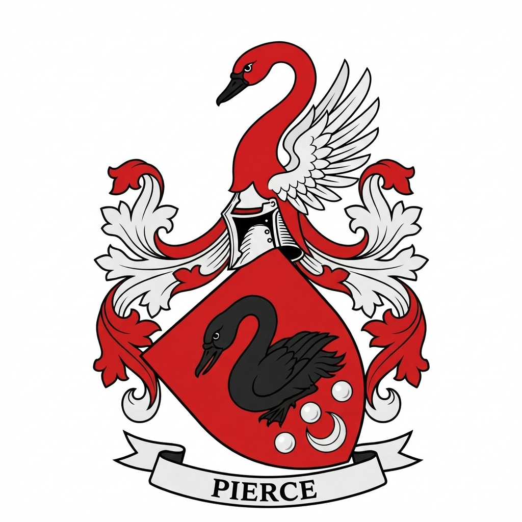 The Pierce coat of arms: a red shield with a black swan, three pearls and a silver crescent, a red swan crest and red and white mantling.