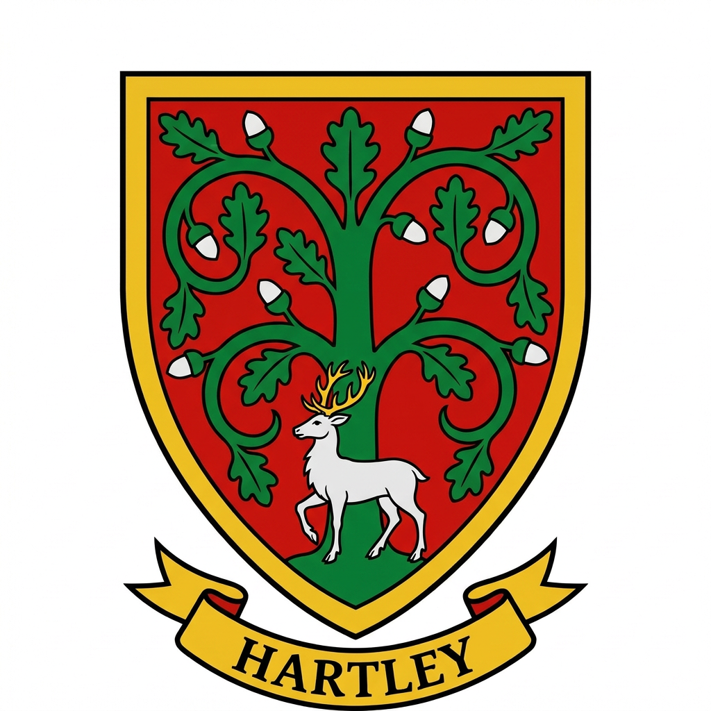 The Hartley shield: a red field with a gold border, a green oak tree with silver acorns and a white stag beneath it, over a gold scroll.