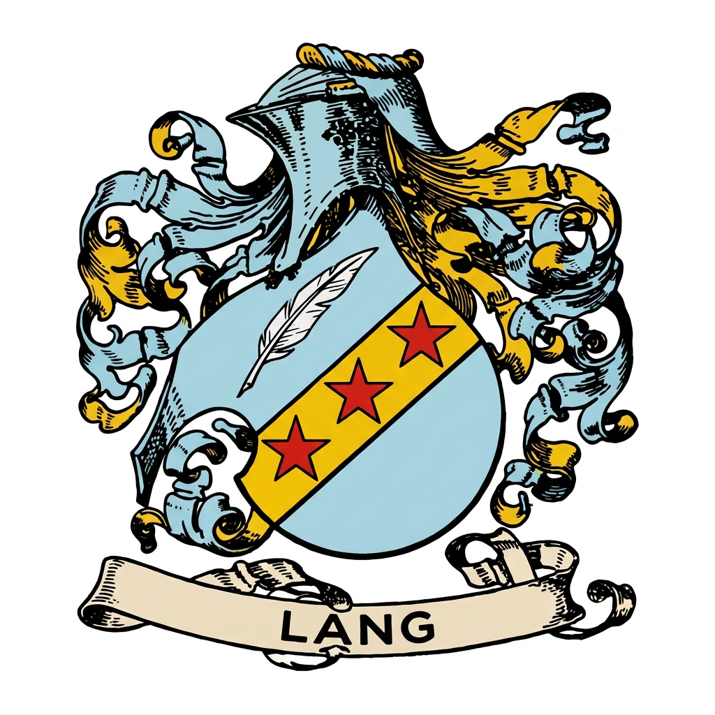 The Lang coat of arms: a pale blue shield with a gold diagonal band of three red stars and a silver quill, in flowing blue and gold mantling.