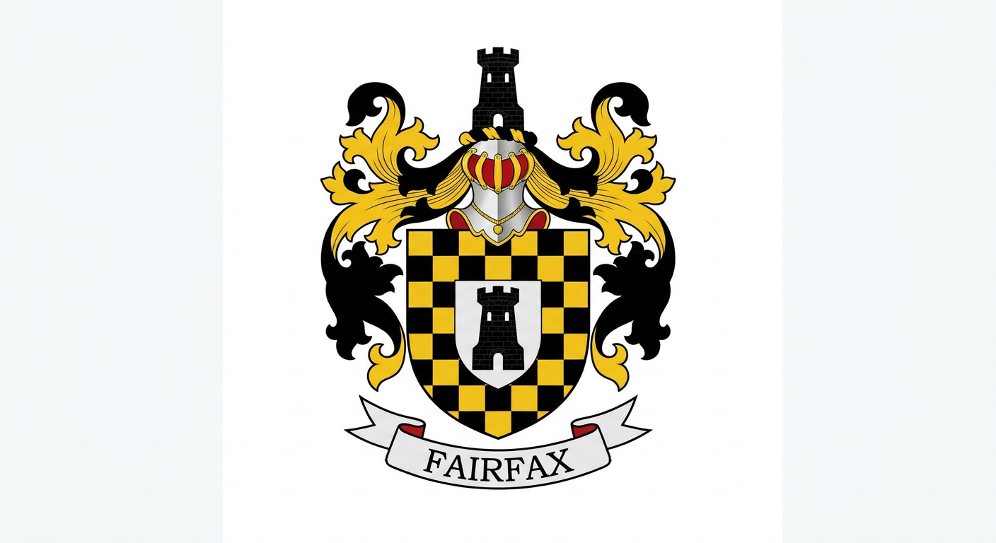 The Fairfax coat of arms: a gold and black chequered shield with a black tower on white, a tower crest above the helmet and black and gold mantling.