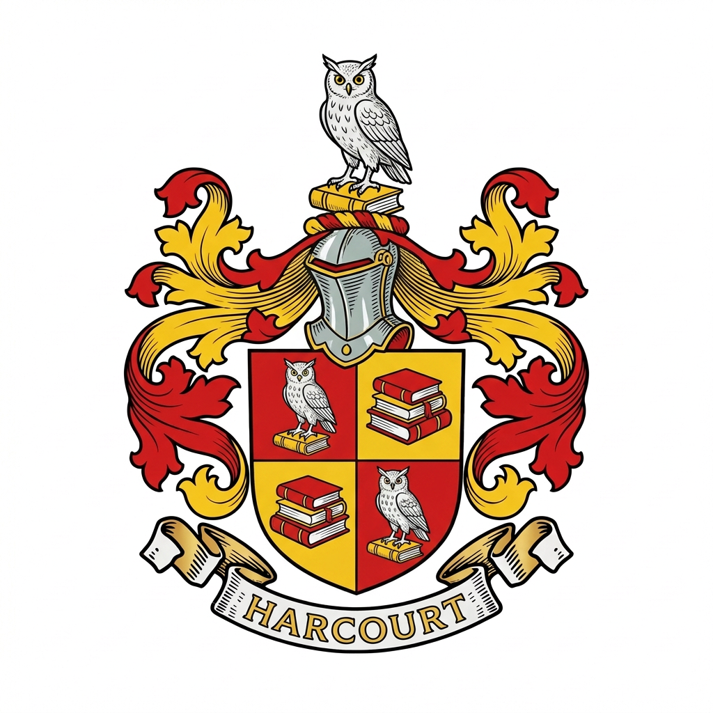 The Harcourt coat of arms: a red and gold quartered shield of owls on books and stacks of red books, an owl crest and red and gold mantling.