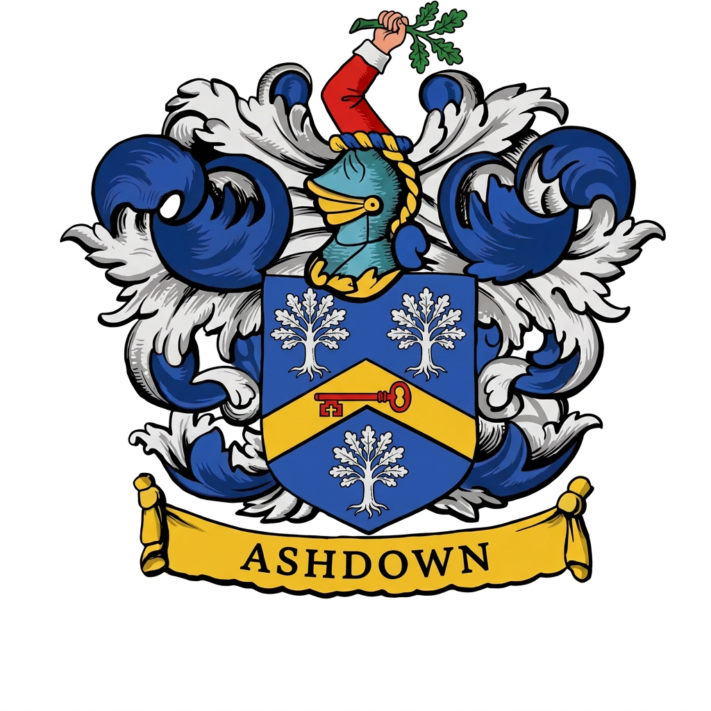 The Ashdown coat of arms: a blue shield with three silver oak trees and a gold chevron carrying a red key, blue and silver mantling and a gold motto scroll.