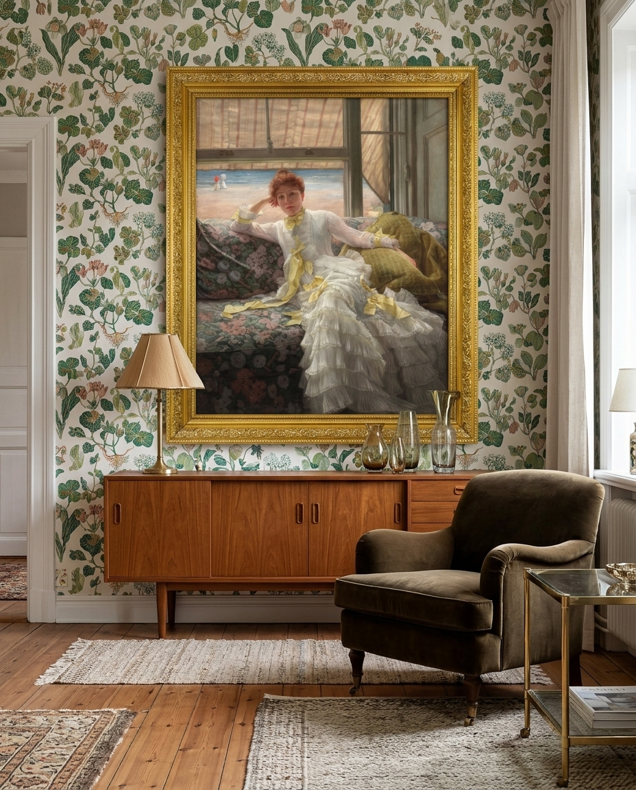 Room visualization of Seaside (July: Specimen of a Portrait): the print in a gold frame on green botanical wallpaper above a teak sideboard, with a lamp and a velvet armchair.