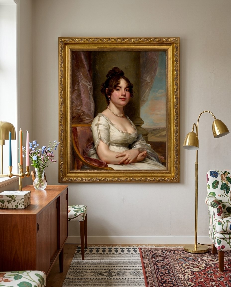 Elizabeth Beltzhoover Mason room visualization: Gilbert Stuart's portrait of a seated woman in a white high-waisted gown and pearls, framed in gold above a wooden cabinet beside a brass floor lamp.