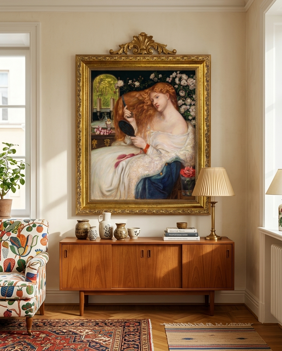 Lady Lilith room visualization: the print in an ornate gilt frame above a teak sideboard with ceramics and a lamp, beside a patterned armchair.