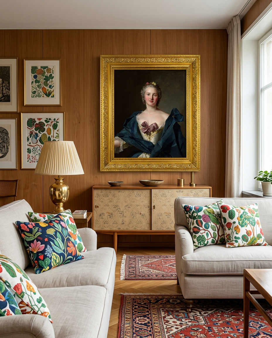 Portrait of a Woman room visualization: Jean-Marc Nattier's half-length portrait of a woman in ivory silk with a mauve bow and a deep blue wrap, framed in gold on a wood-panelled wall above a sofa and sideboard.