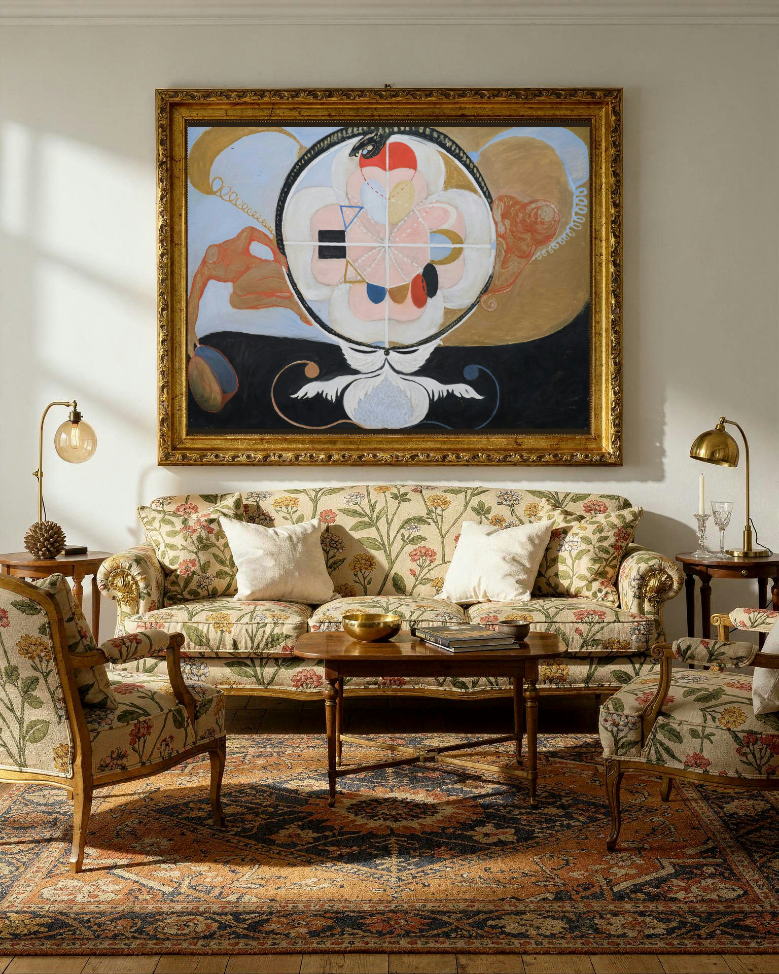 Evolution, No. 13 by Hilma af Klint as a framed print in a living room (visualization)