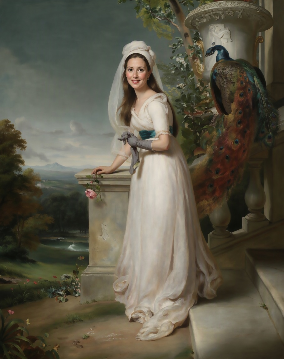 Approved Fable example in Thomas Lawrence's 1794 composition: the sitter stands at a stone balustrade in a white gown and veil, with a peacock perched on the urn behind her.