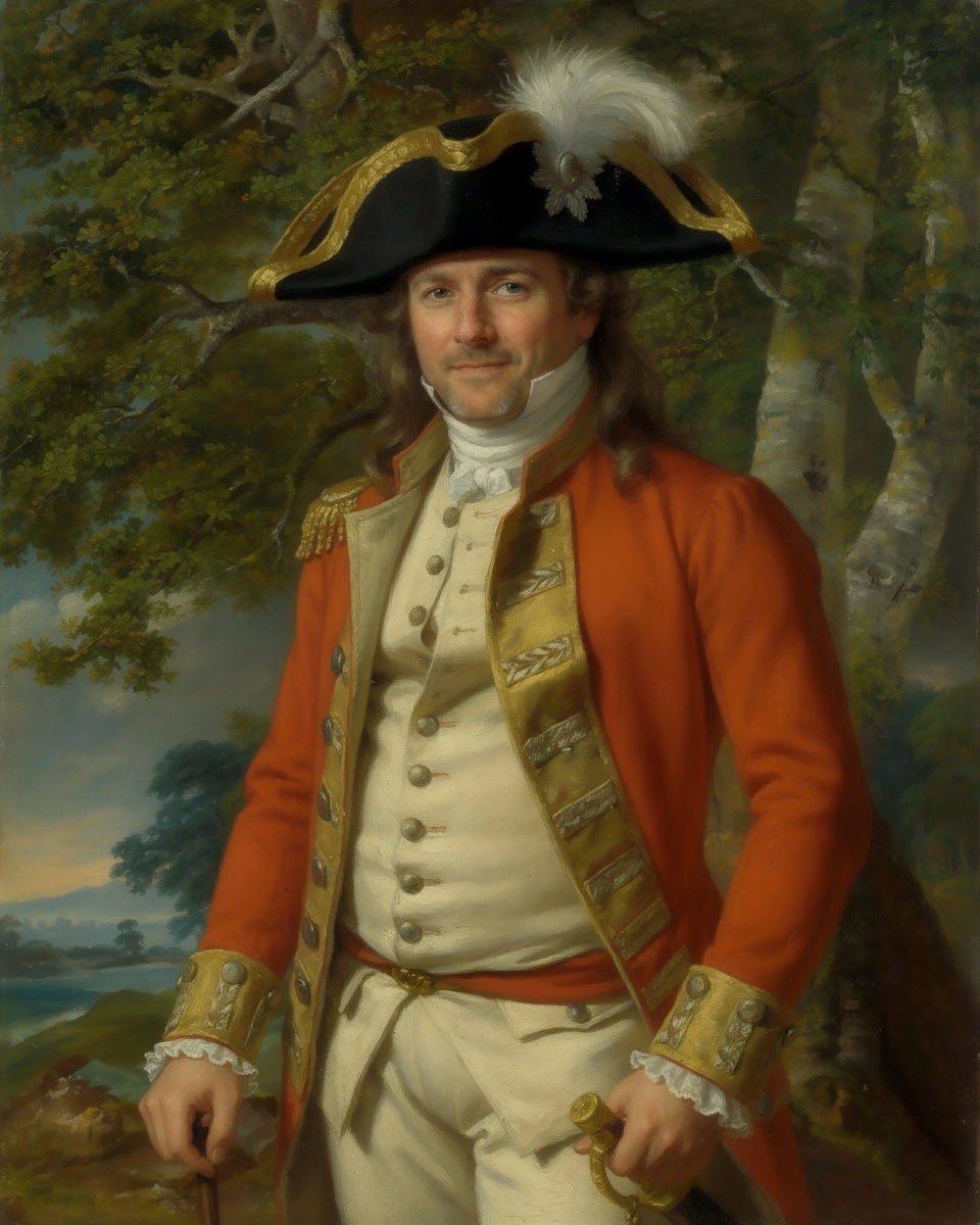 Approved Fable example for the Colonel Heathcote painting, made from a sample sitter photo of a man with long dark hair and stubble: a closer, waist-up officer in a red coat and plumed hat.