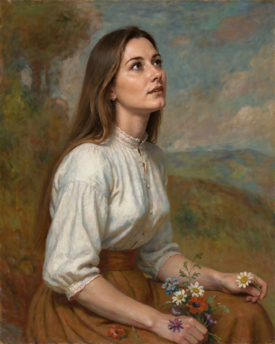 The same woman seated on a hillside with flowers in her lap, in Renoir's soft colour.