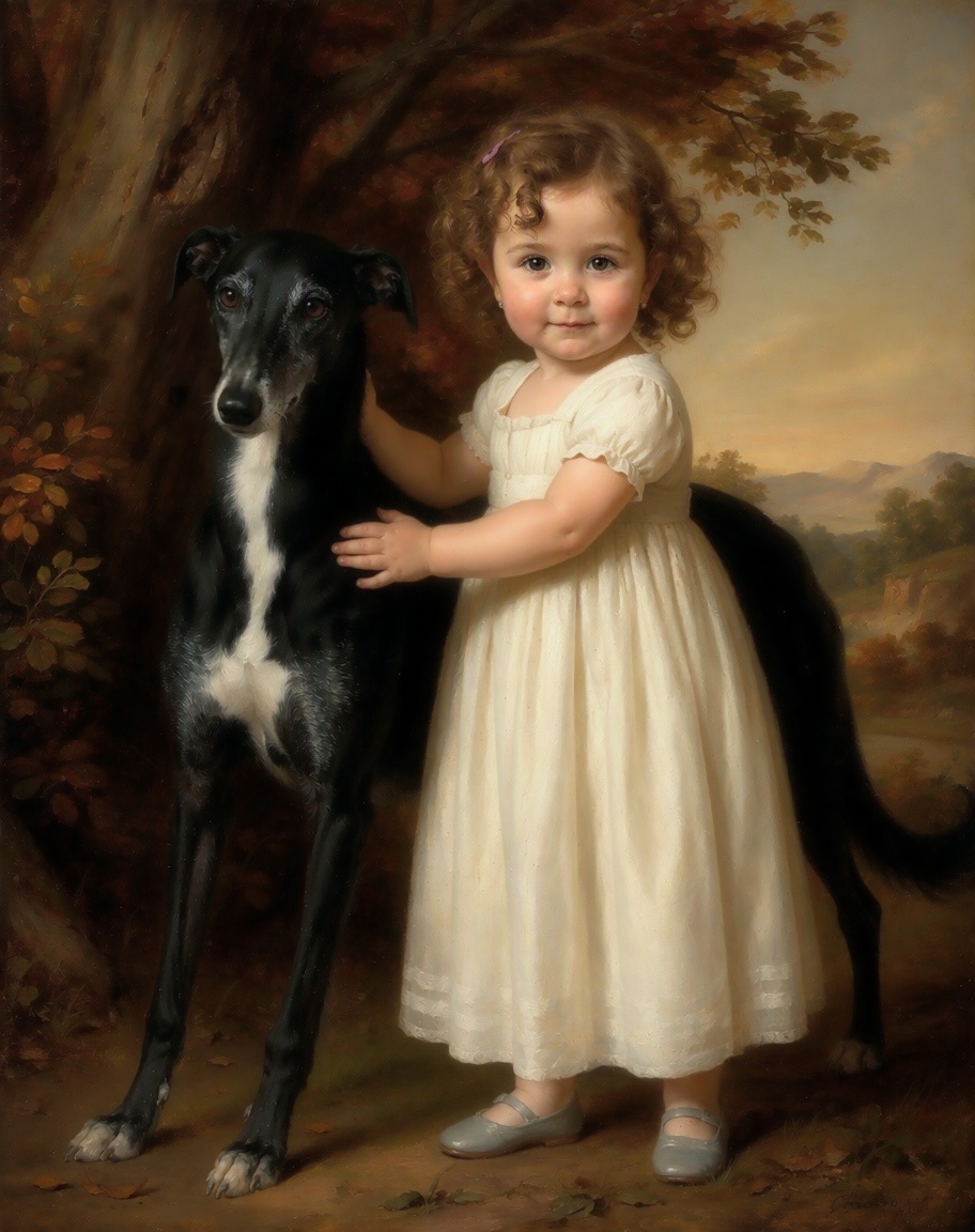 The same girl in a white dress beside her black greyhound in a dark landscape, in Raeburn's manner.