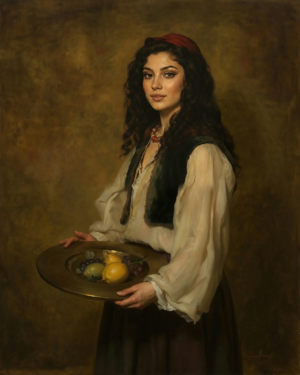 Approved Fable example in Frank Duveneck's The Venetian Girl: a woman with long dark curls in a red cap and dark vest holds a brass platter of lemons and grapes against a warm brown background.