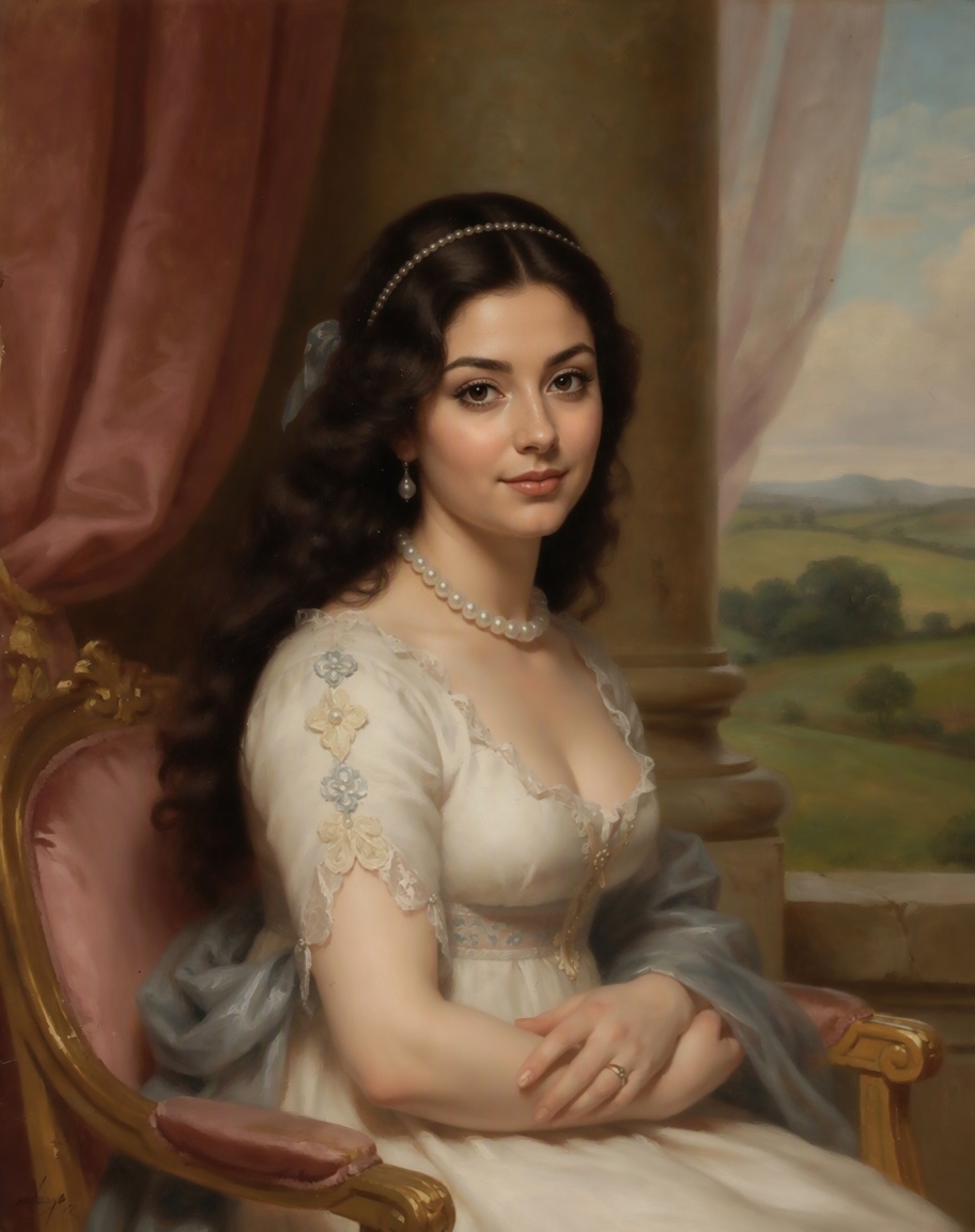 The same woman seated in a white empire-line dress with pearls, in Gilbert Stuart's manner.