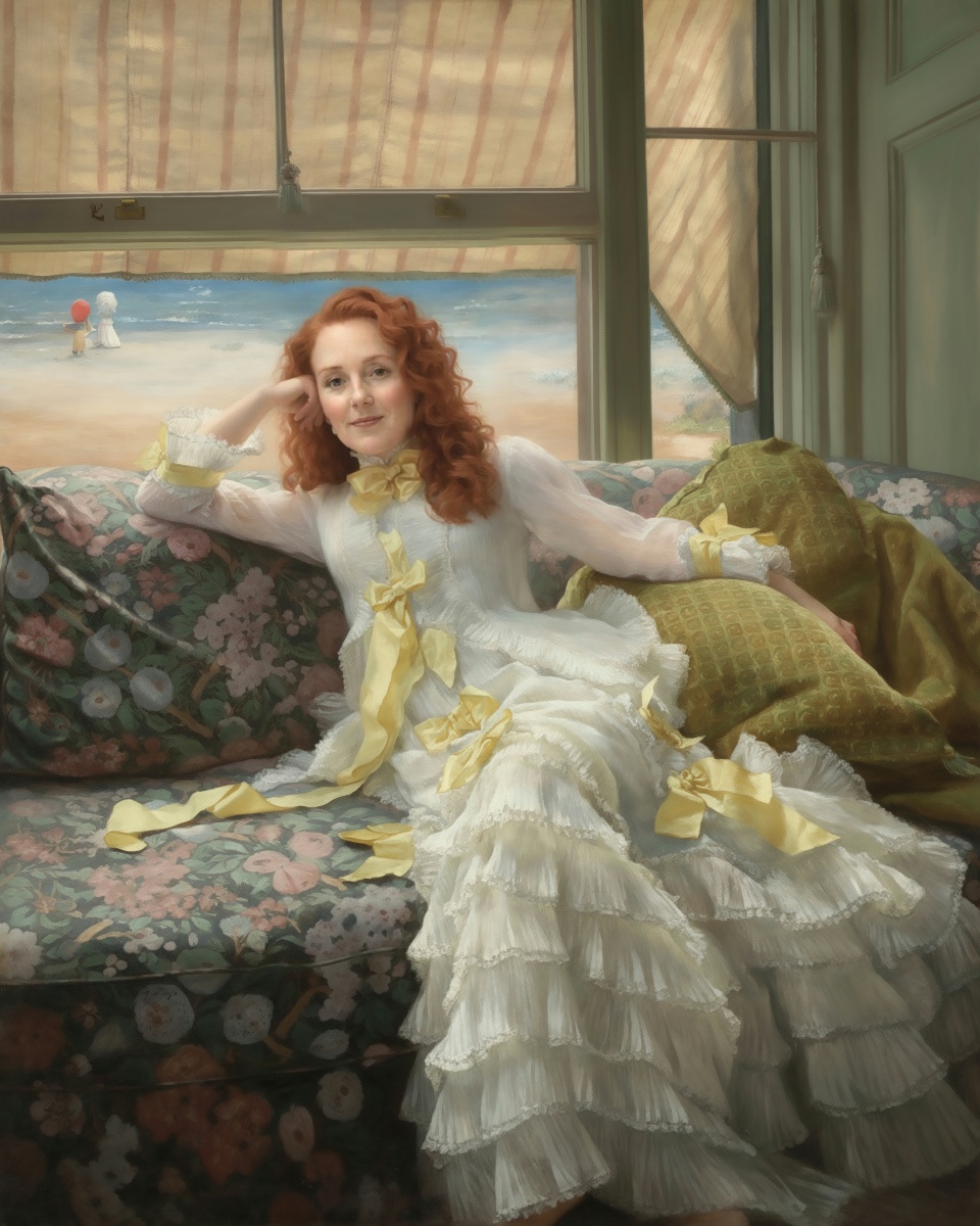 Fable Seaside July portrait of a red-haired woman on a floral sofa beside the sea