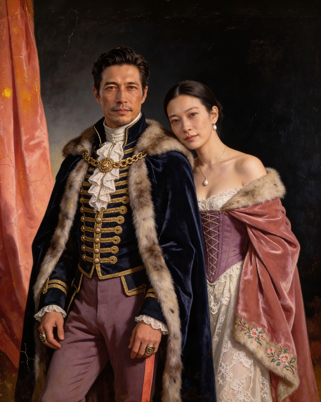 Current Casati catalogue example: a man in a fur-trimmed dark velvet mantle with gold frogging stands beside a woman in a rose velvet wrap over ivory lace and pearls.