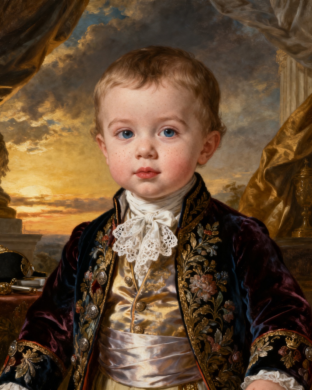Current Colonel Baby catalogue example: a fair-haired toddler in an embroidered dark velvet jacket, lace cravat and silver sash, set against a sunset sky and gold drapery.