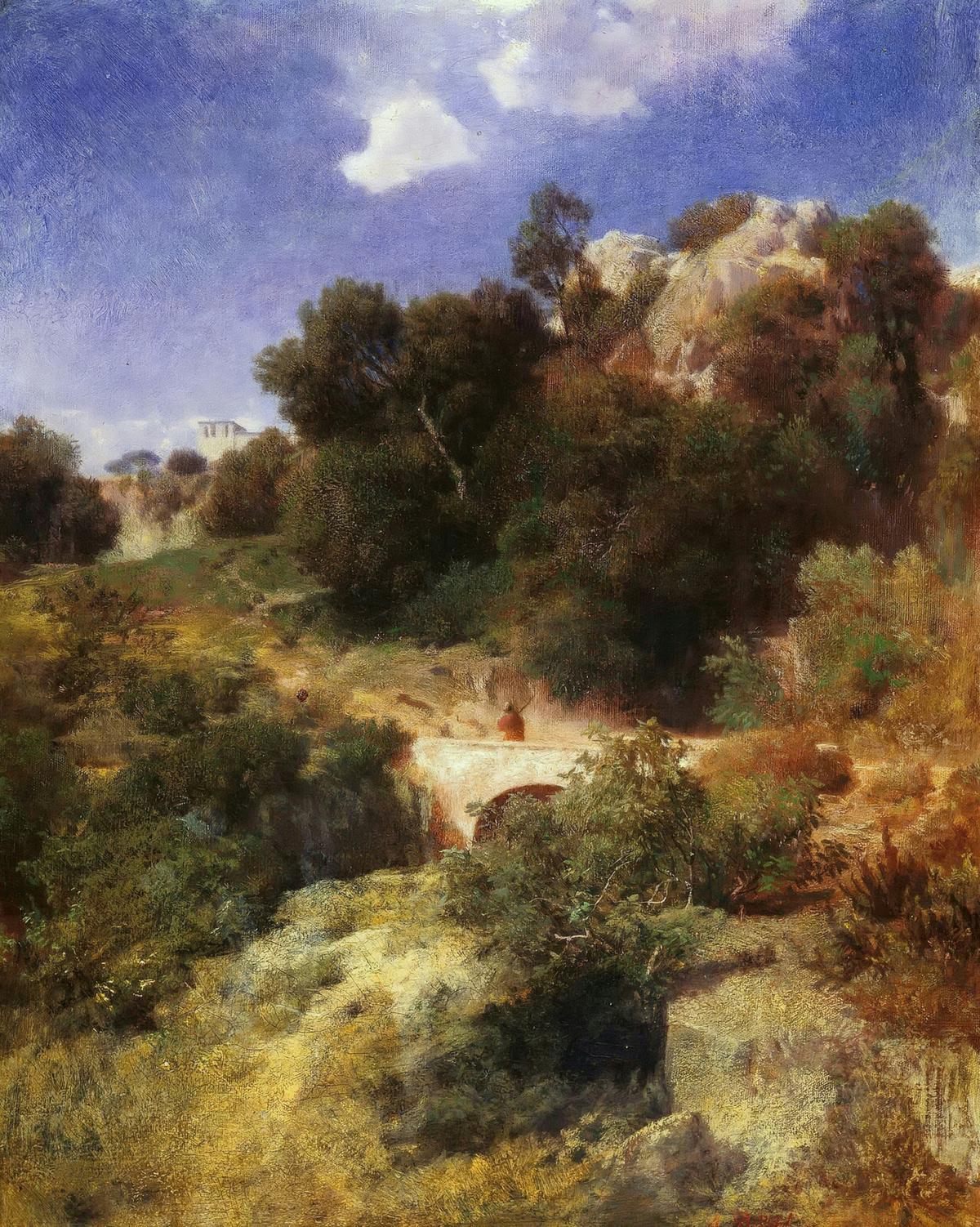 Rocky hill country with bridge by Arnold Böcklin — archival fine-art print from Fable