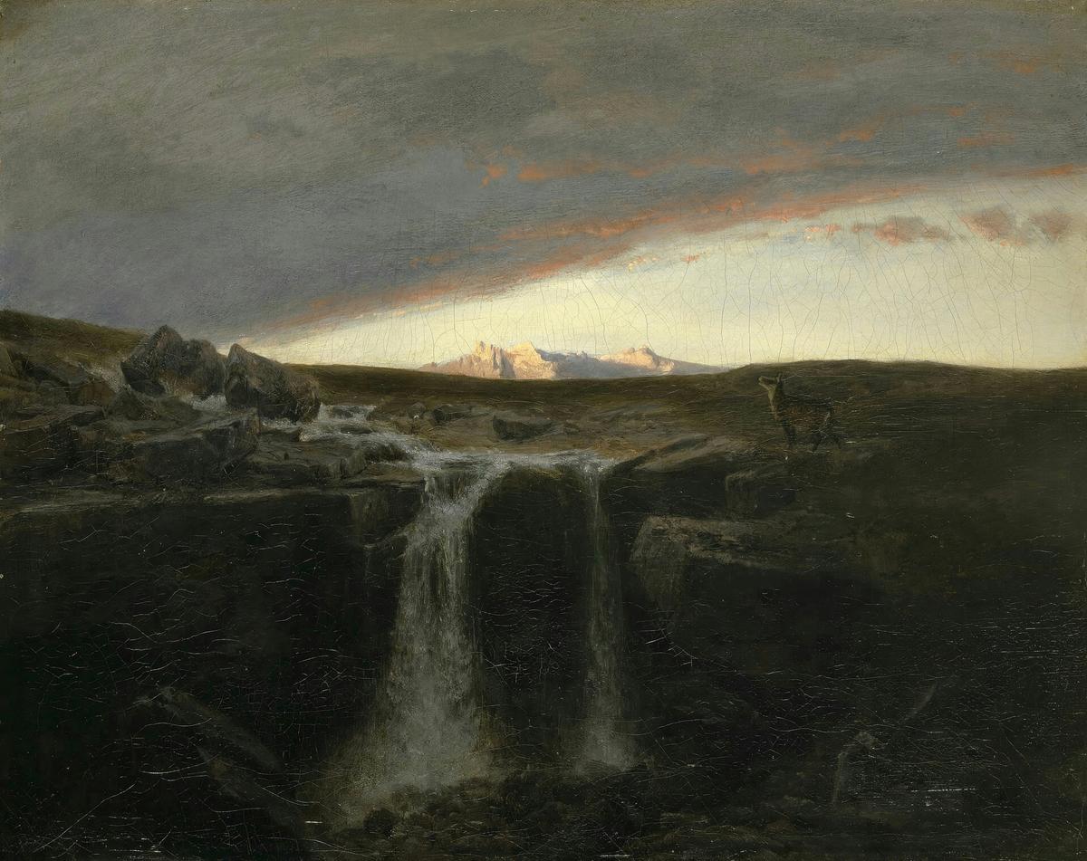 Mountain Landscape with Waterfall by Arnold Böcklin — archival fine-art print from Fable