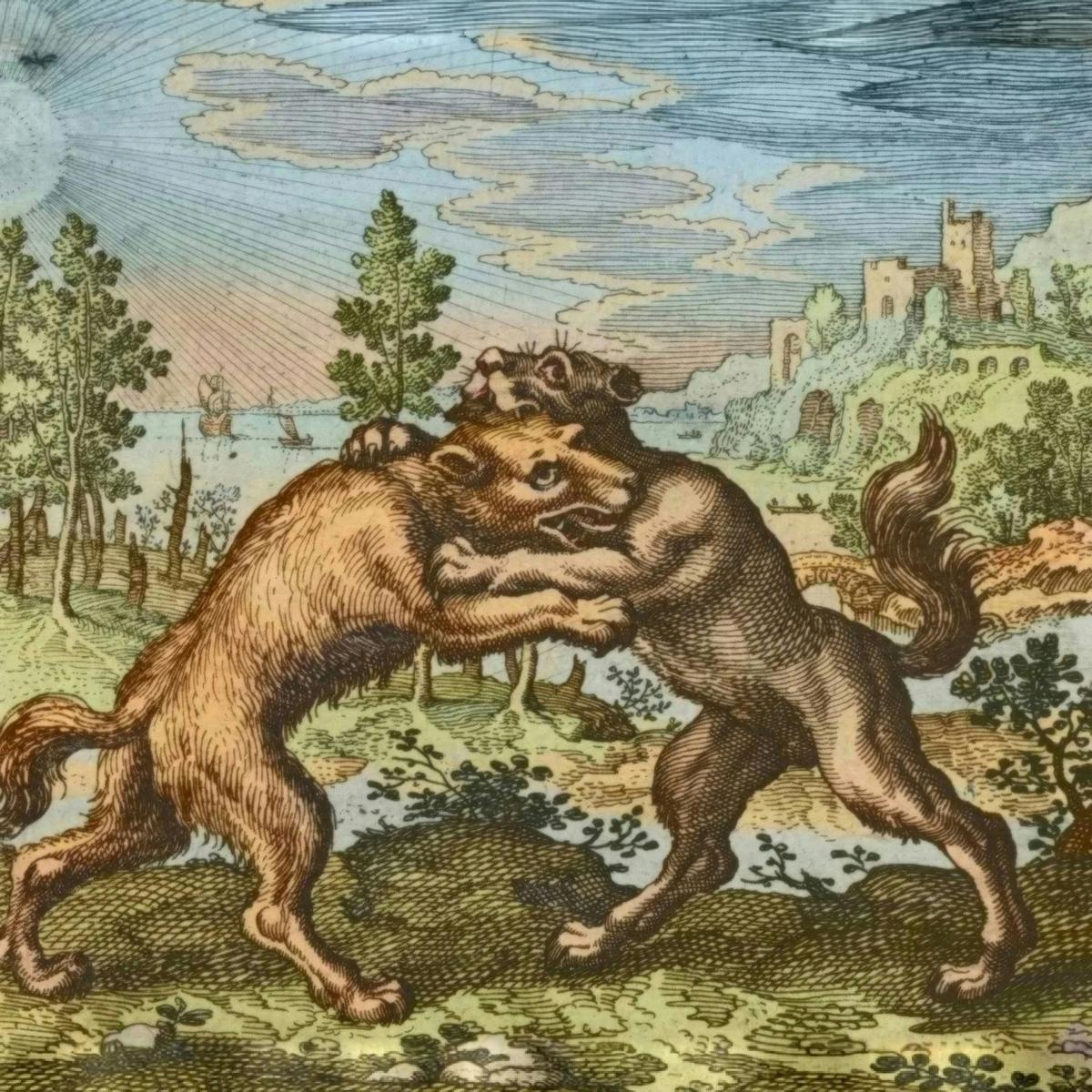 The Wolf and the Dog by Matthäus Merian the Elder, after Michael Maier — archival fine-art print from Fable