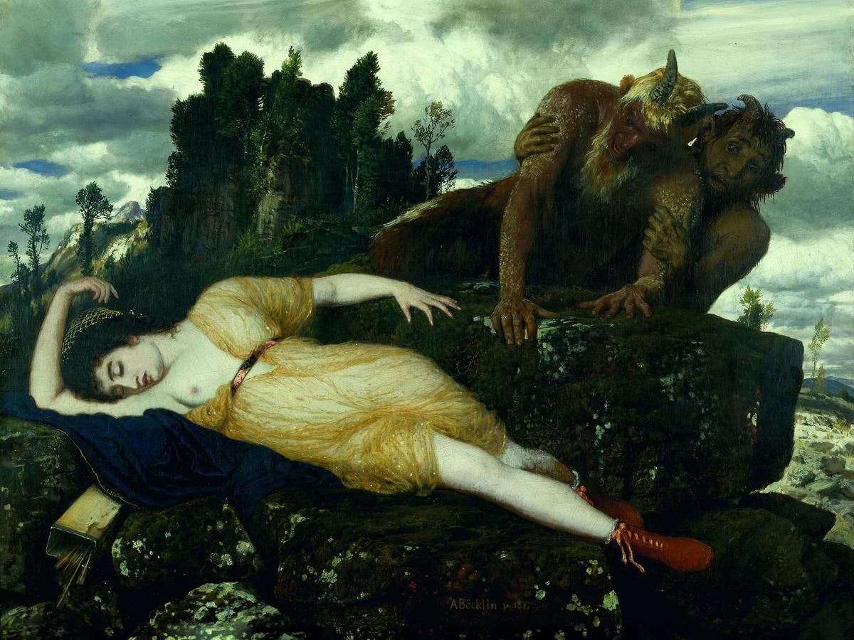 Sleeping Diana Watched by Two Fauns by Arnold Böcklin — archival fine-art print from Fable