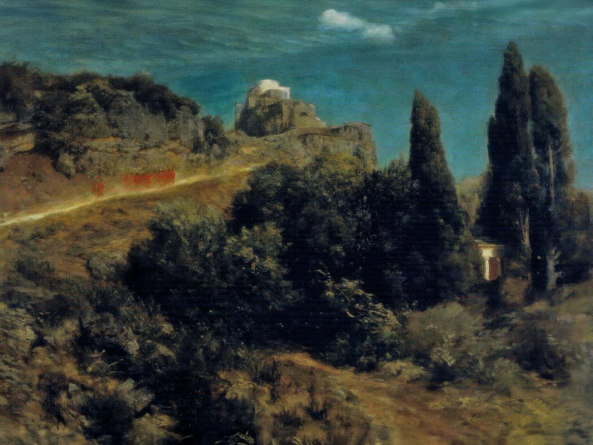 Mountain castle with a procession of knights by Arnold Böcklin — archival fine-art print from Fable