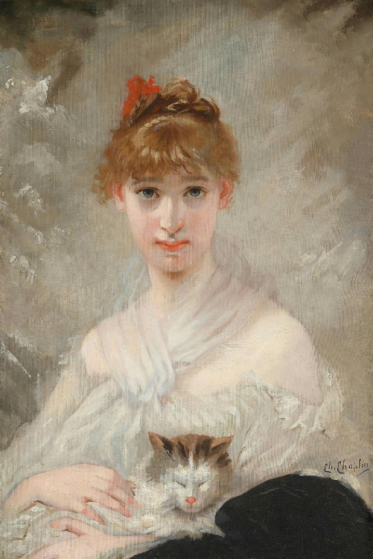 Girl with a White Shawl and a Cat · Pets & owners human portrait — custom painted portrait by Fable