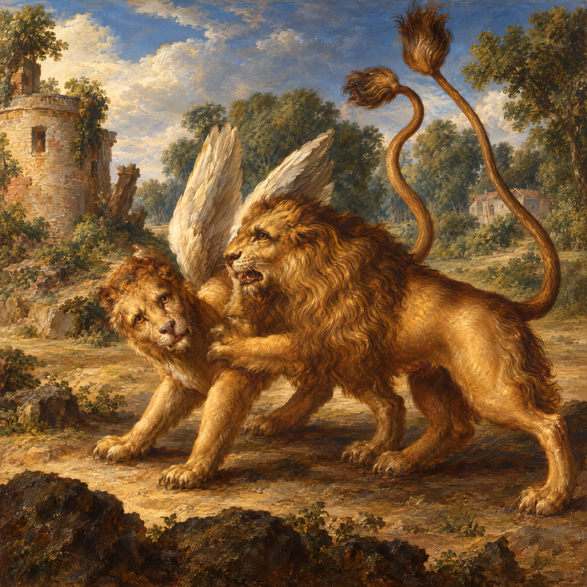 The Lion and the Winged Lioness by Matthäus Merian the Elder, after Michael Maier — archival fine-art print from Fable