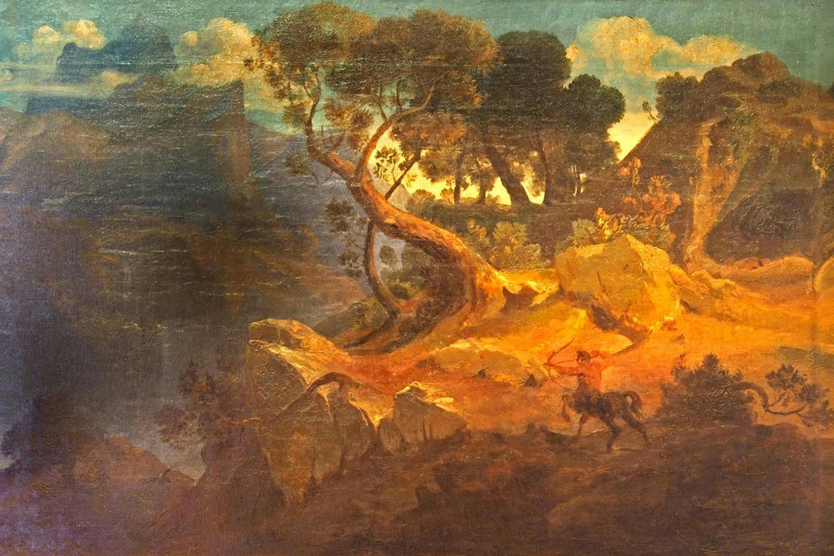 Rocky landscape with a hunting centaur by Arnold Böcklin — archival fine-art print from Fable