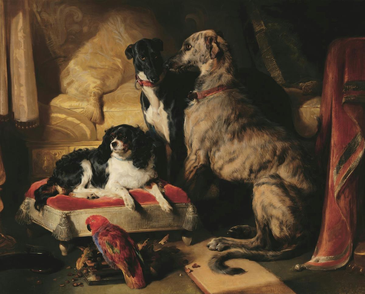 Hector, Nero, and Dash with the parrot, Lory · Pets pet portrait — custom painted portrait by Fable