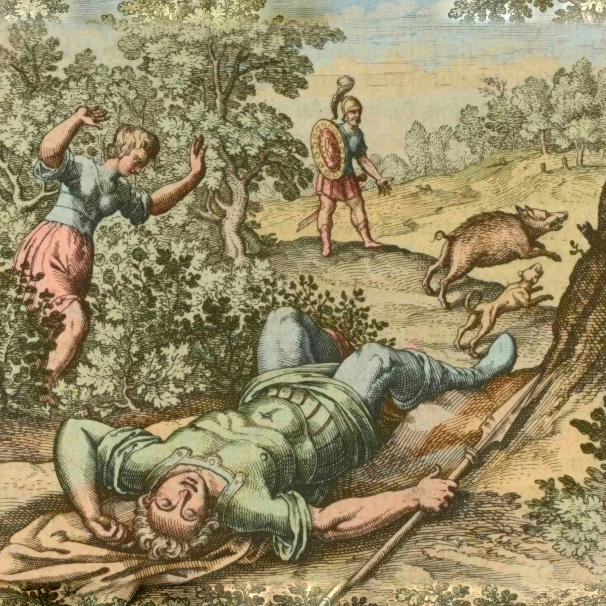 Adonis and the Roses by Matthäus Merian the Elder, after Michael Maier — archival fine-art print from Fable