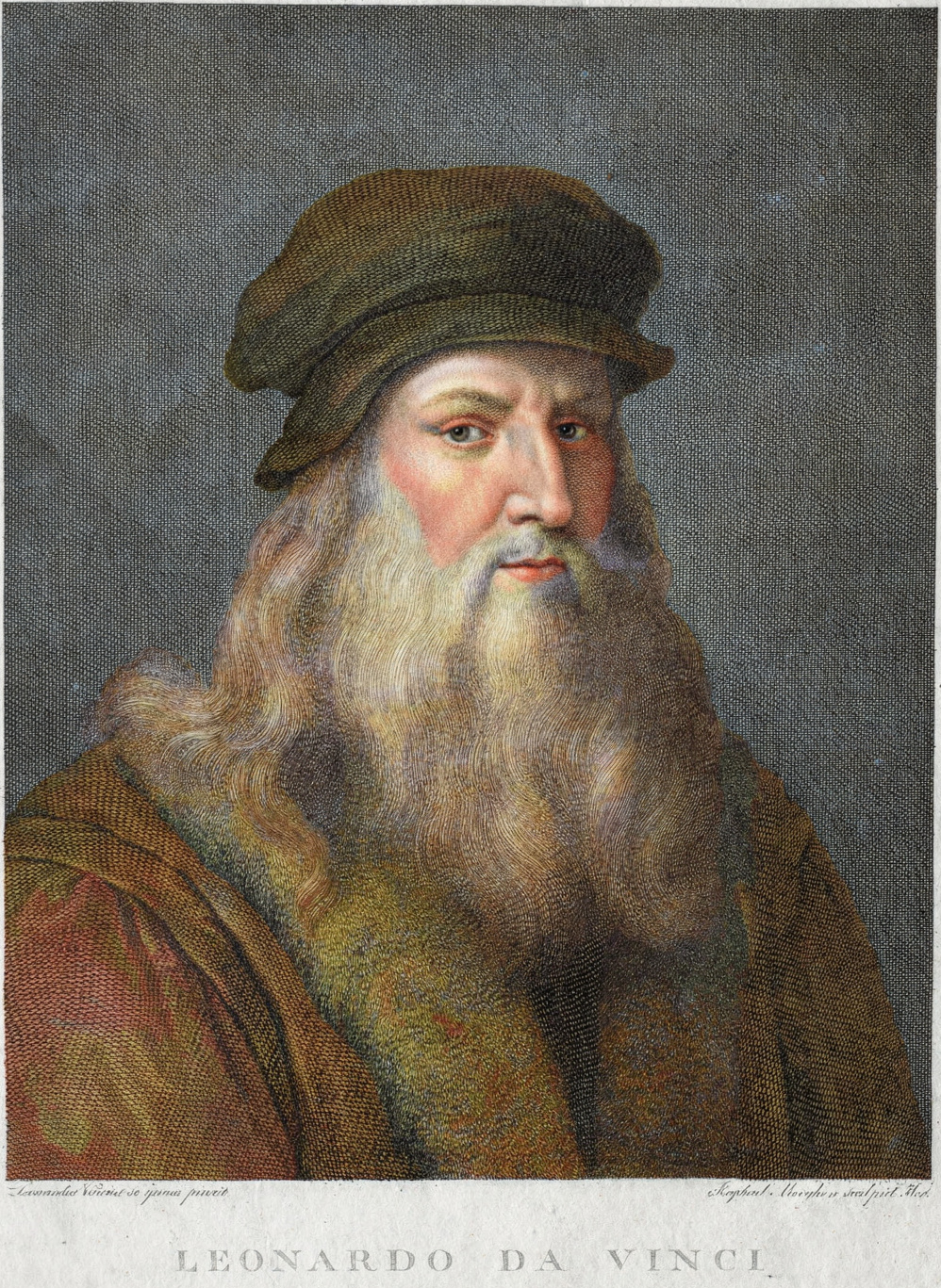 Portrait of Leonardo da Vinci by artist: Raffaello Morghen (Italian, 1761–1833) · after artist: Leonardo da Vinci (Italian, 1452–1519) — archival fine-art print from Fable