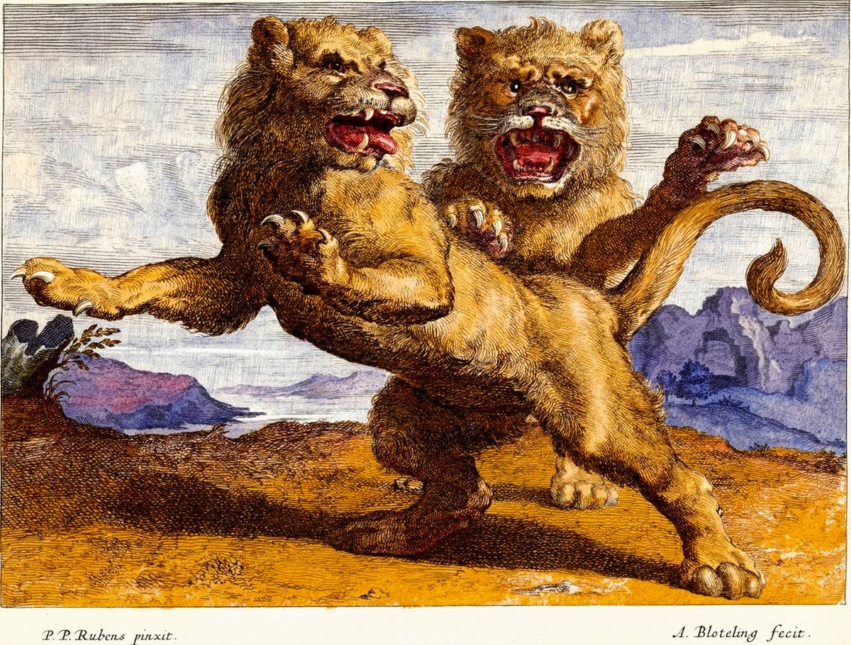 Two Lions Wrestling by artist: Abraham Blooteling (Dutch, 1640–1690) · after artist: Peter Paul Rubens (Flemish, 1577–1640) — archival fine-art print from Fable