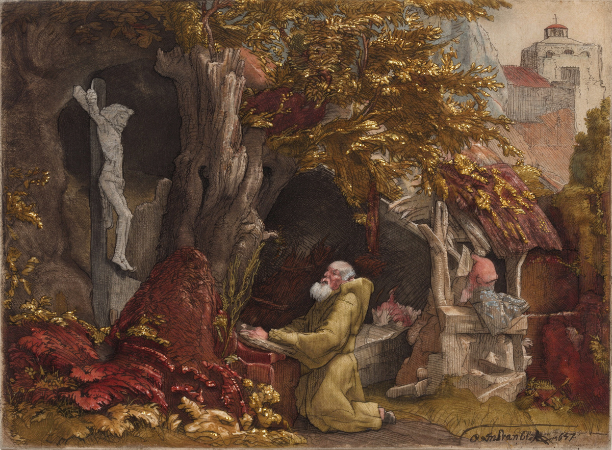 Saint Francis Beneath a Tree by artist: Rembrandt van Rijn (Dutch, 1606–1669) — archival fine-art print from Fable