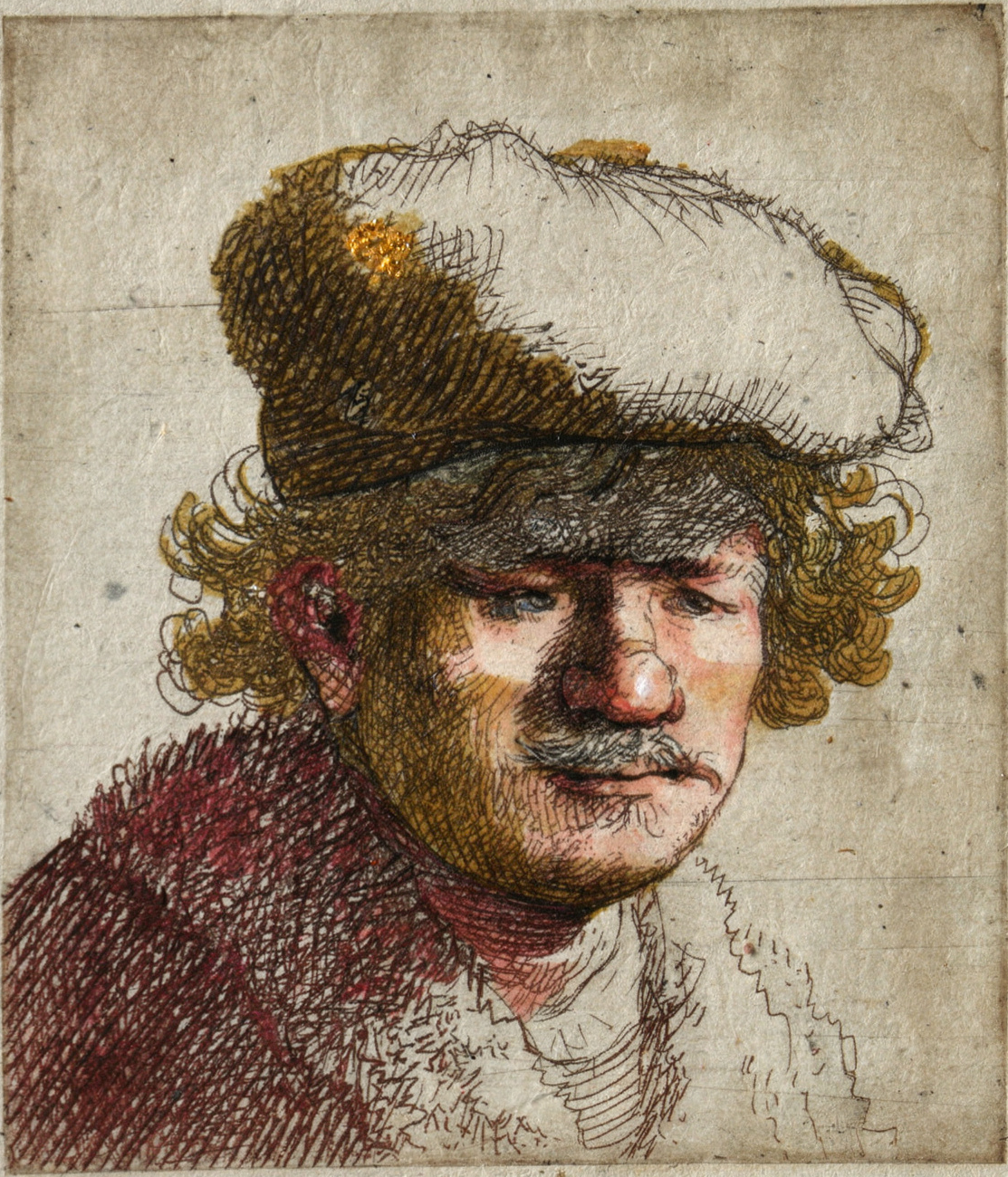 Self-Portrait with Cap Pulled Forward by artist: Rembrandt van Rijn (Dutch, 1606–1669) — archival fine-art print from Fable