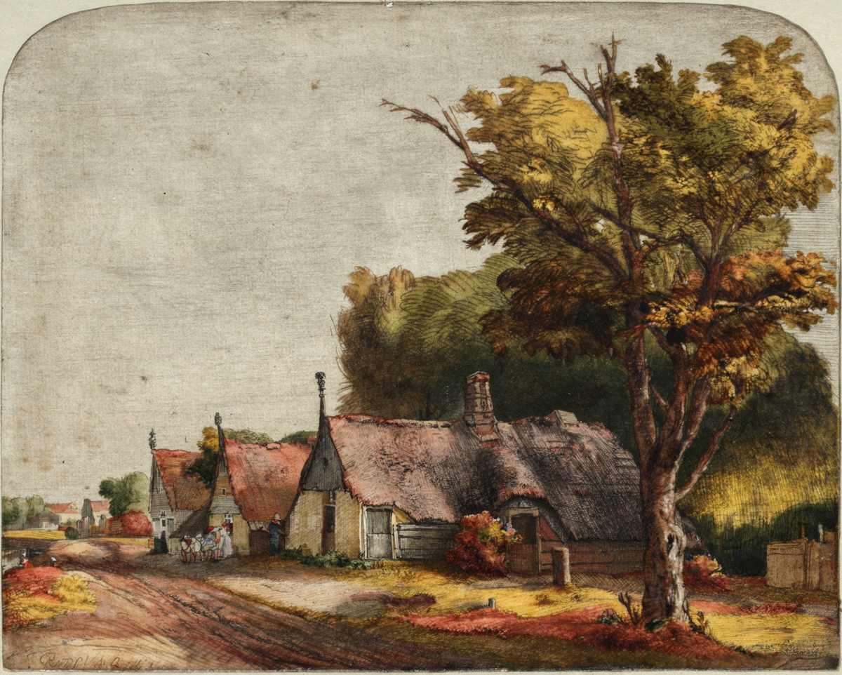 Three Gabled Cottages beside a Road by artist: Rembrandt van Rijn (Dutch, 1606–1669) — archival fine-art print from Fable