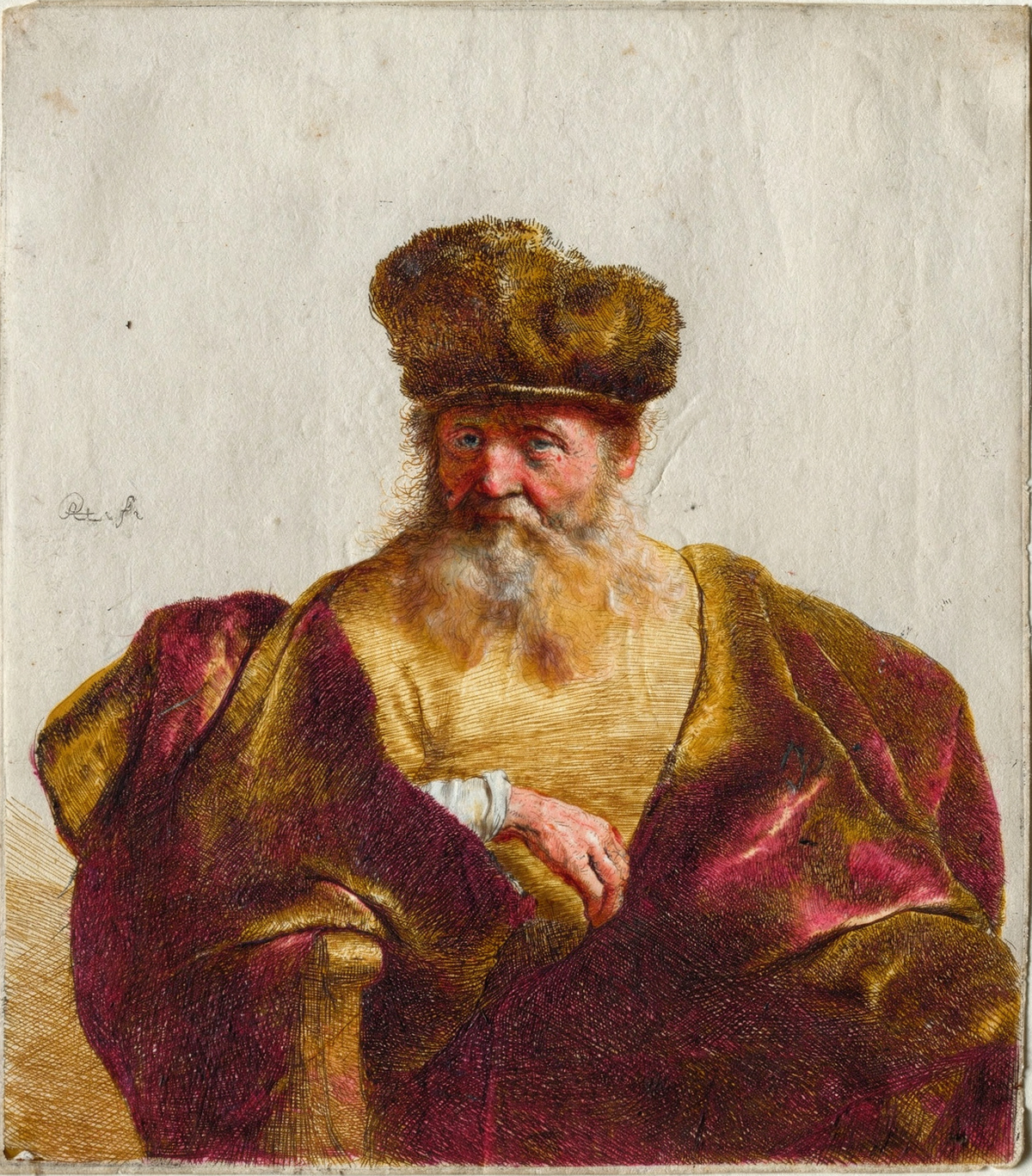 Old Man in a Fur Cap and Velvet Cloak by artist: Rembrandt van Rijn (Dutch, 1606–1669) — archival fine-art print from Fable