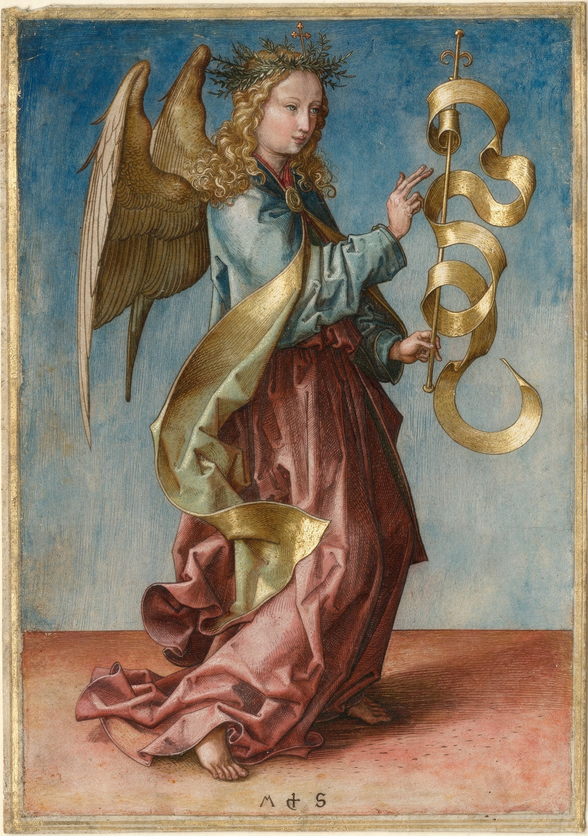The Angel of the Annunciation by artist: Martin Schongauer (German, c. 1450–1491) — archival fine-art print from Fable