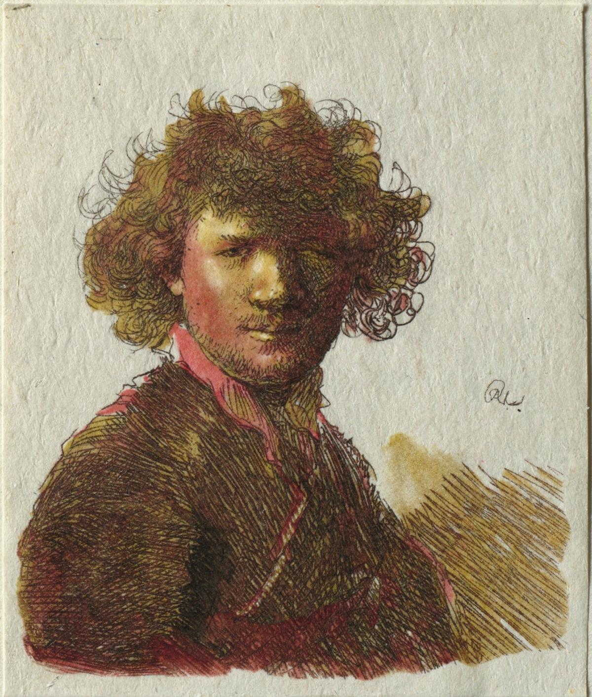 Self-Portrait with Curly Hair and a White Collar by artist: Rembrandt van Rijn (Dutch, 1606–1669) — archival fine-art print from Fable