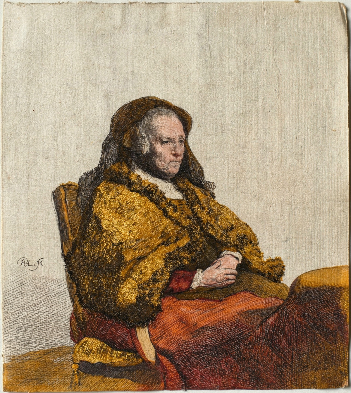 The Artist’s Mother at a Table by artist: Rembrandt van Rijn (Dutch, 1606–1669) — archival fine-art print from Fable