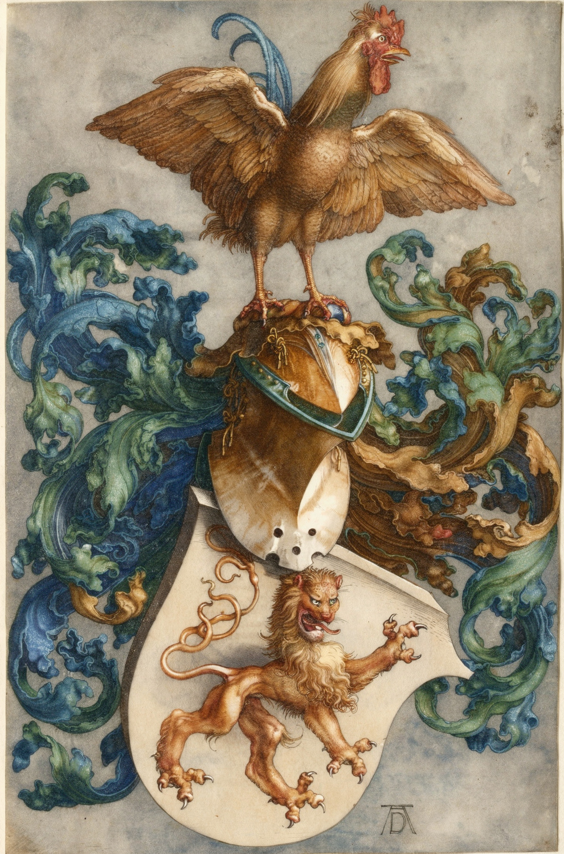 The Coat of Arms with a Lion and Cock by artist: Albrecht Dürer (German, 1471–1528) — archival fine-art print from Fable