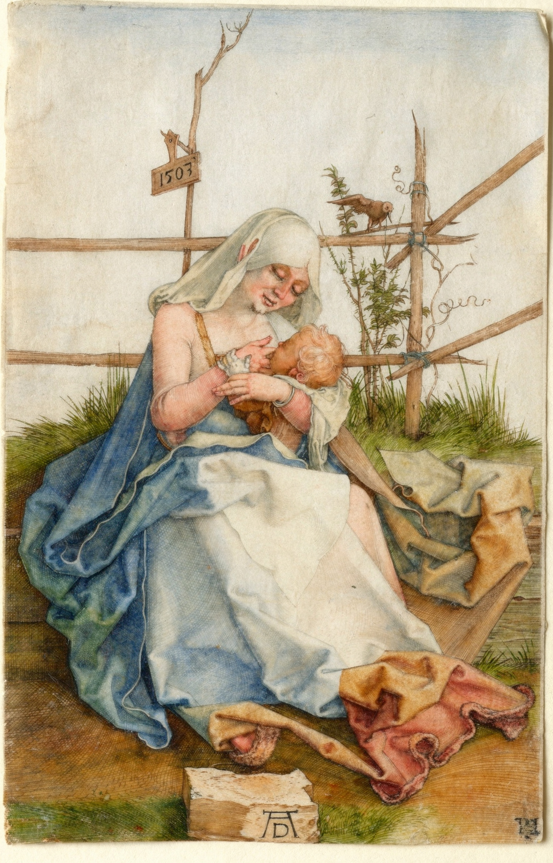 The Virgin and Child on a Grassy Bench by artist: Albrecht Dürer (German, 1471–1528) — archival fine-art print from Fable