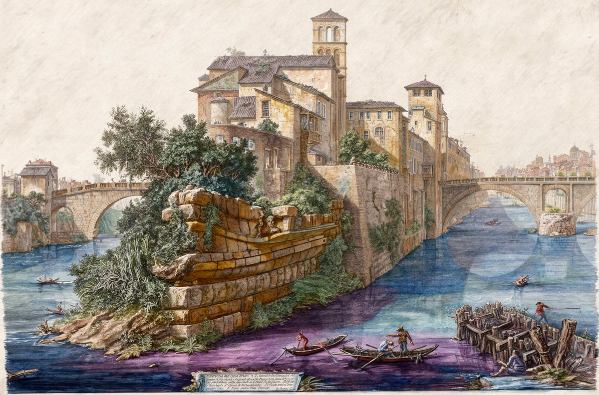The Isola Tiberina by artist: Giovanni Battista Piranesi (Italian, 1720–1778) — archival fine-art print from Fable