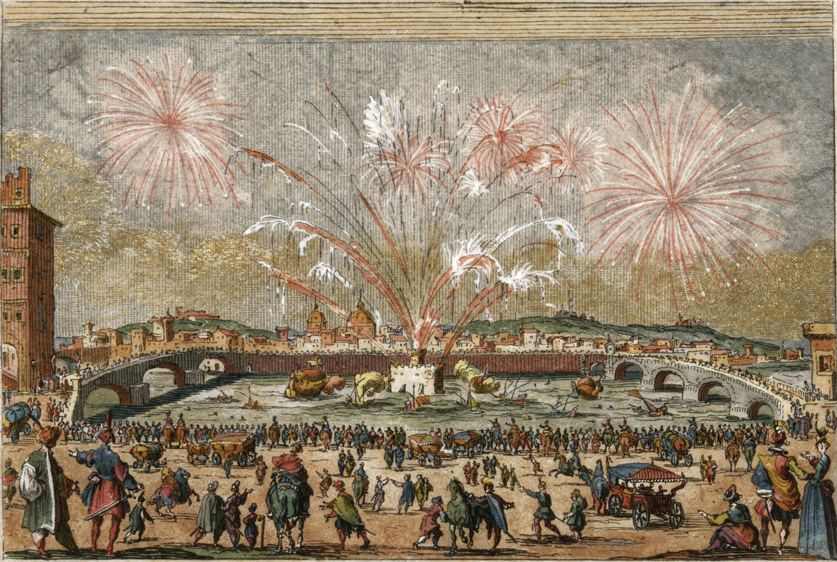 Fireworks on the Arno by artist: Jacques Callot (French, 1592–1635) — archival fine-art print from Fable