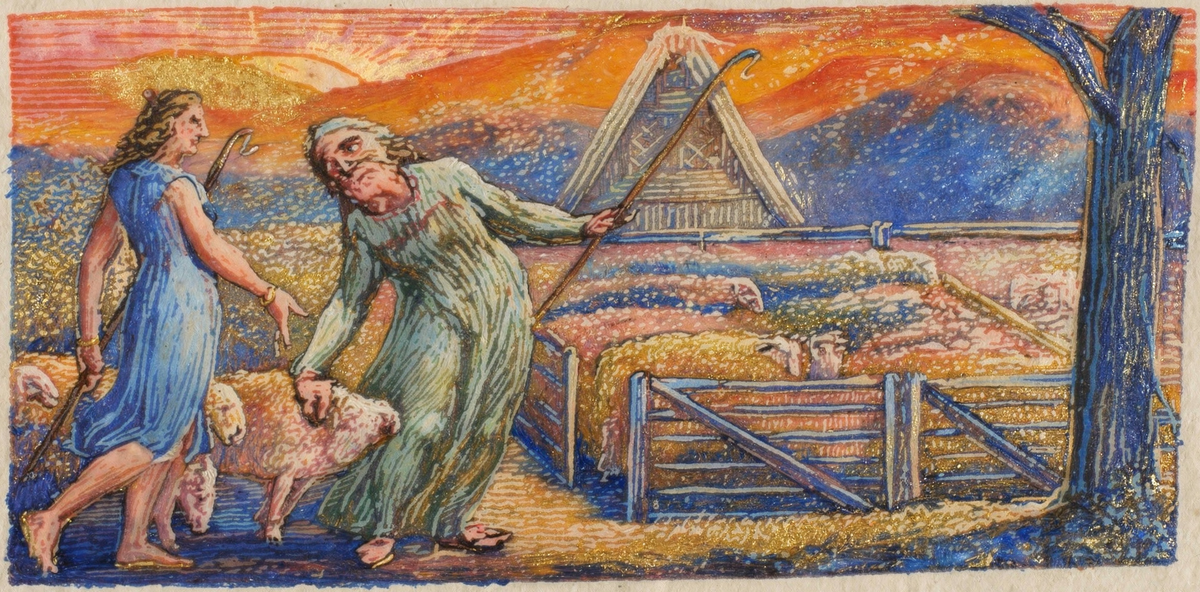 Thenot and Colinet Lead Their Flocks by Artist: William Blake — archival fine-art print from Fable