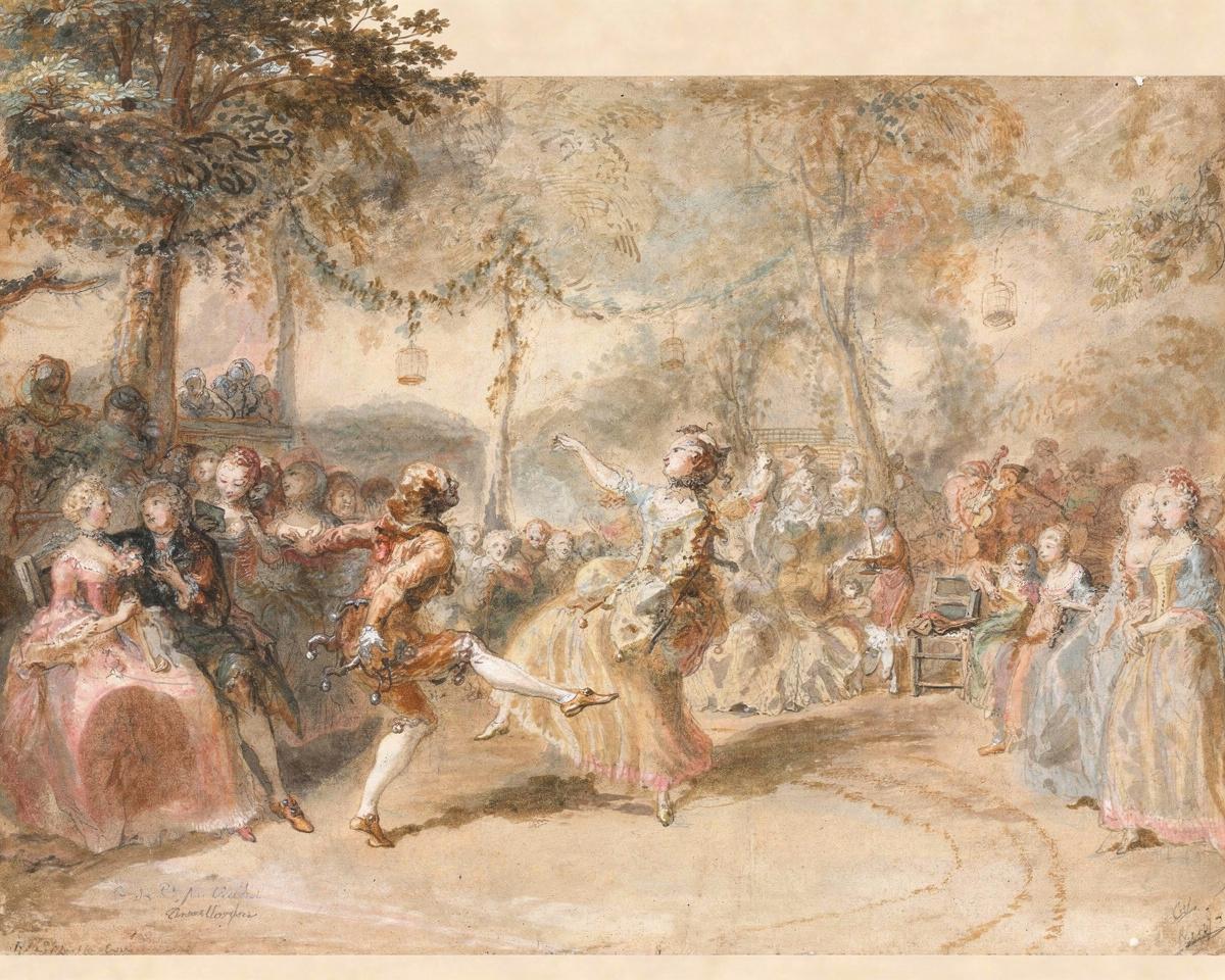 Costumed Dancers Performing in a Garden Tavern by Gabriel de Saint-Aubin — archival fine-art print from Fable