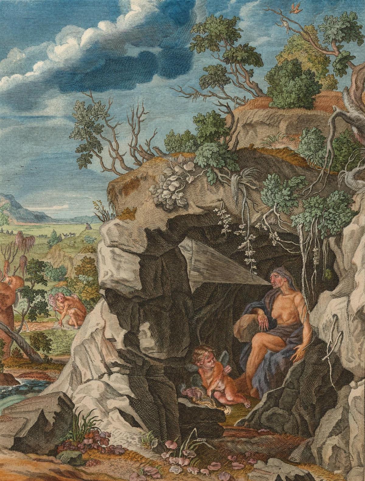 Echo Transformed into a Voice by Bernard Picart and other engravers, Le Temple des Muses (1749 edition) — archival fine-art print from Fable