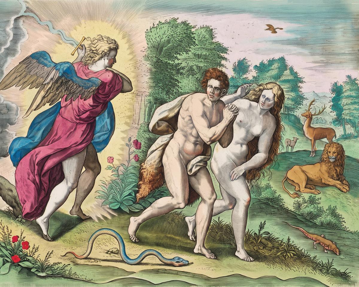 The Expulsion from Paradise by Johann Sadeler I, Chrispijn van den Broeck, Gerard de Jode — archival fine-art print from Fable